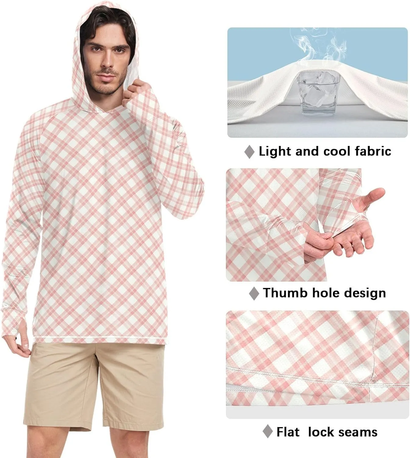 Gingham Plaid Men's Sun Protection Hoodie Long Sleeve UPF 50   Mens Sun Shirts Sailing Shirts UV Hooded Rash Guard