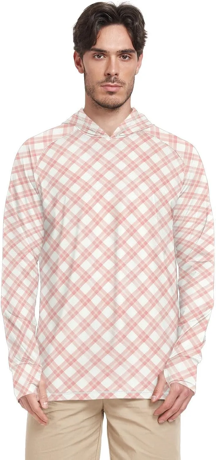 Gingham Plaid Men's Sun Protection Hoodie Long Sleeve UPF 50   Mens Sun Shirts Sailing Shirts UV Hooded Rash Guard