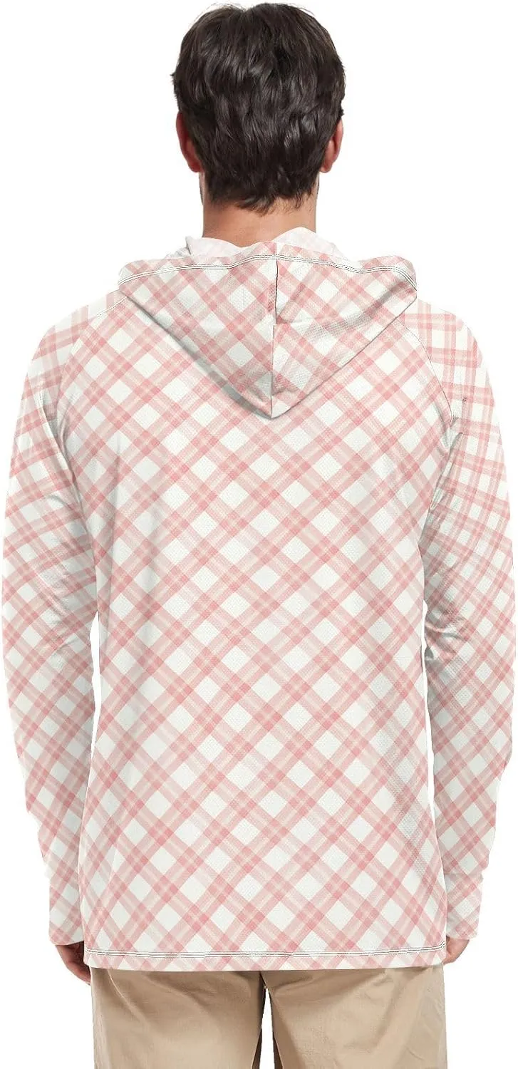 Gingham Plaid Men's Sun Protection Hoodie Long Sleeve UPF 50   Mens Sun Shirts Sailing Shirts UV Hooded Rash Guard