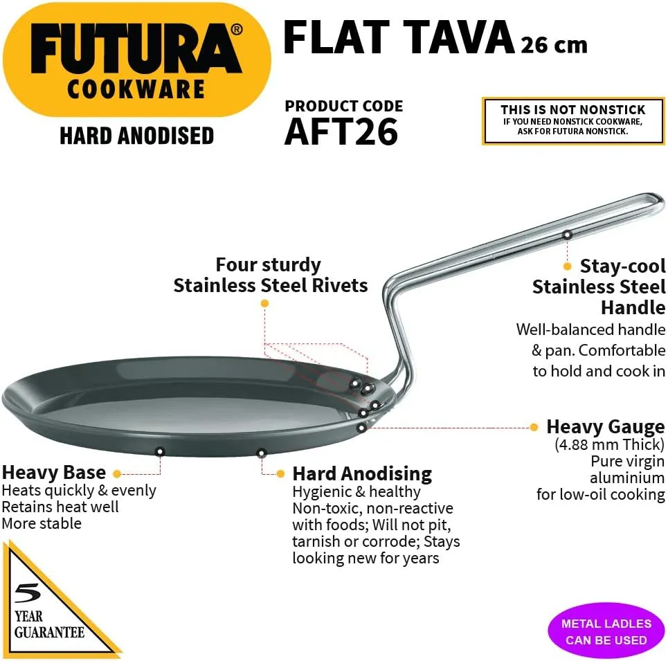 Hawkins Futura Hard Anodised Flat Tava 26 cm, 4.88 mm (Black)