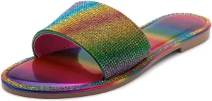 Herstyle Showstopper Women's Flat Sandals, Fashion Rhinestone Slides, Open Toe Slip-On Slippers with Cushioned Footbed, Casual Bling Sandals for Summer and Daily Wear