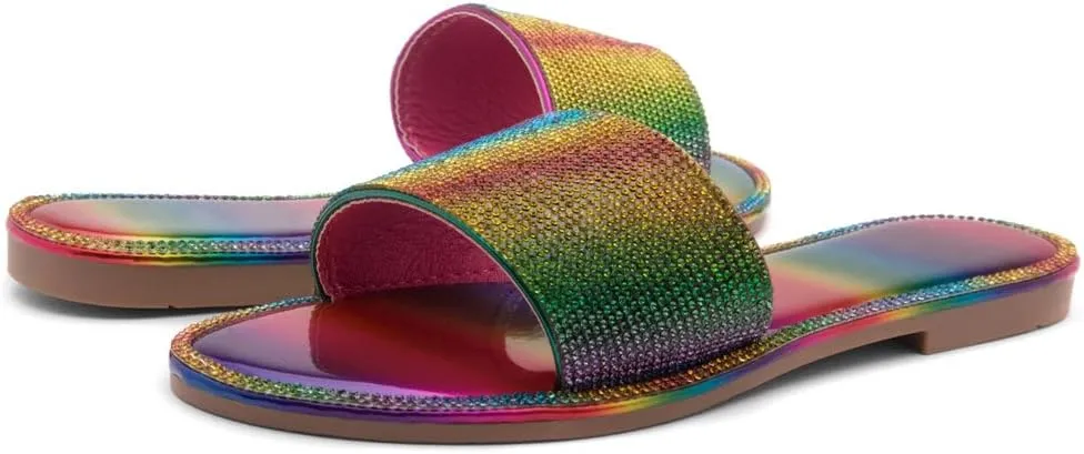 Herstyle Showstopper Women's Flat Sandals, Fashion Rhinestone Slides, Open Toe Slip-On Slippers with Cushioned Footbed, Casual Bling Sandals for Summer and Daily Wear