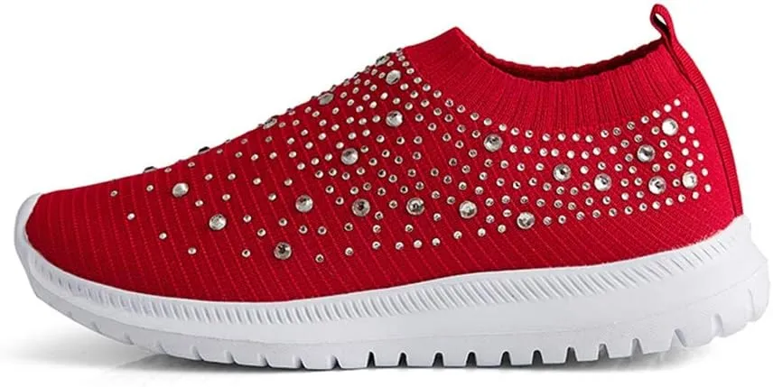 HINDOLA Women's Mesh Walking Shoes Rhinestone Glitter Slip On Ballroom Jazz Latin Dance Sock Sneakers Casual Shoes
