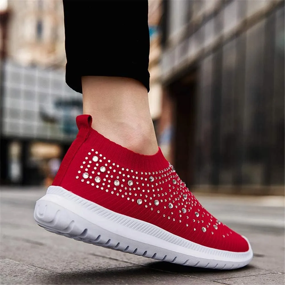 HINDOLA Women's Mesh Walking Shoes Rhinestone Glitter Slip On Ballroom Jazz Latin Dance Sock Sneakers Casual Shoes