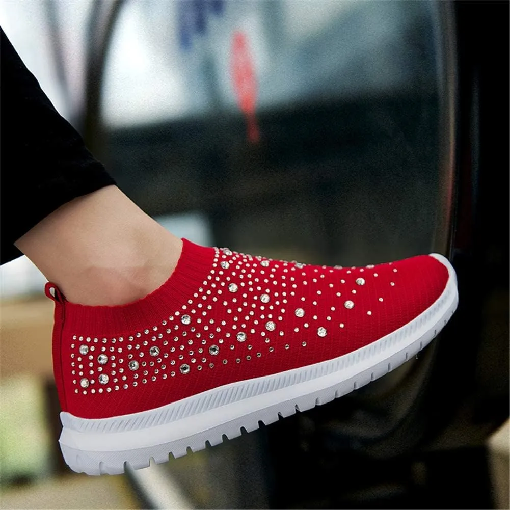 HINDOLA Women's Mesh Walking Shoes Rhinestone Glitter Slip On Ballroom Jazz Latin Dance Sock Sneakers Casual Shoes
