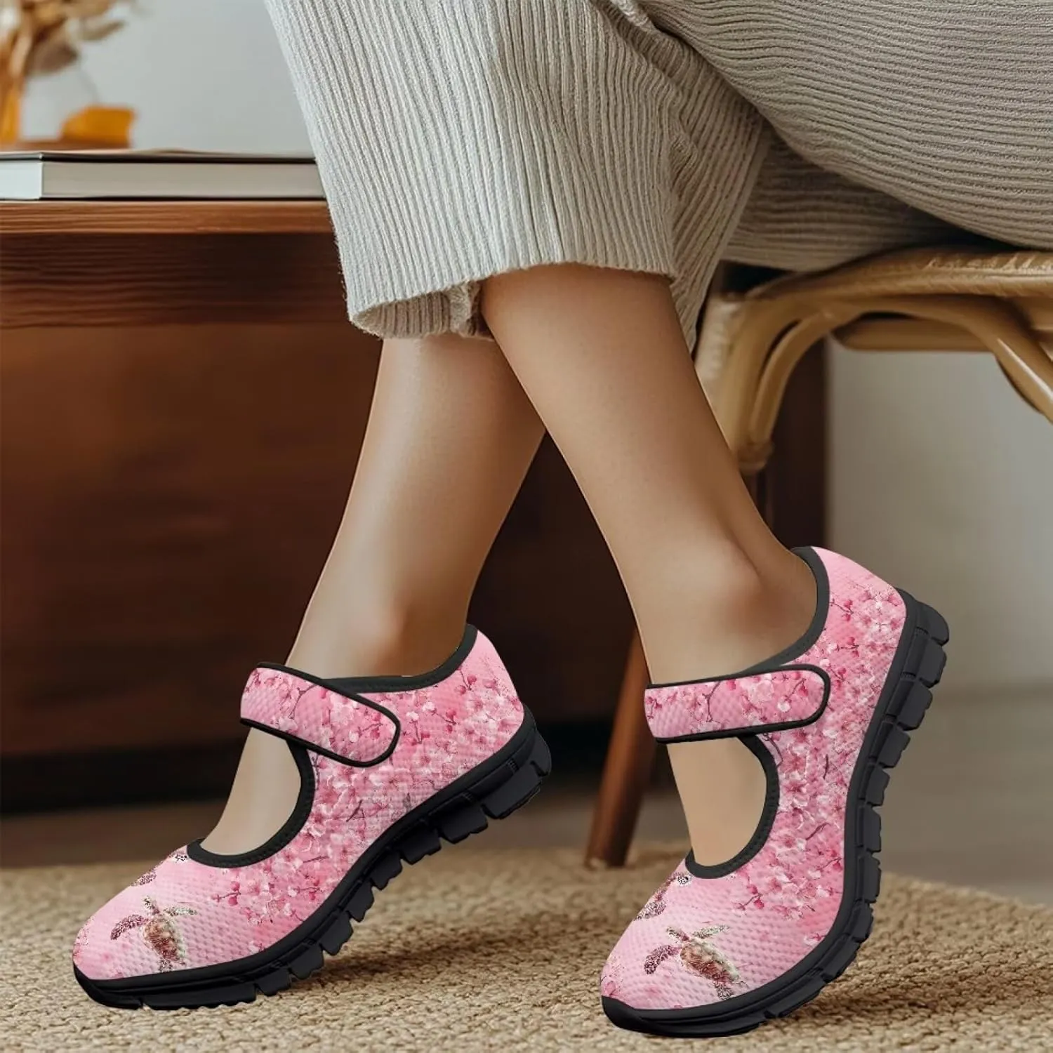 Howilath Animal Print Mary Jane Shoes Women Round Toe Dress Dance Shoes Mesh Casual Flats Shoes