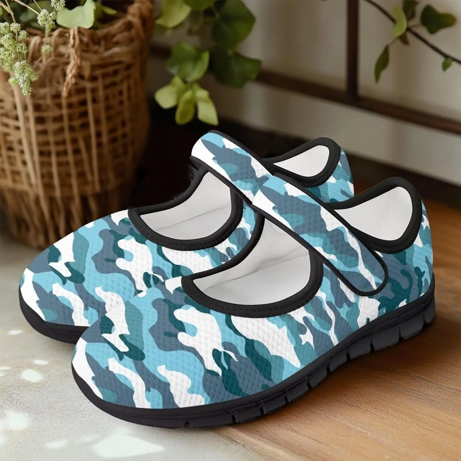 Howilath Camouflage Women's Ballet Flats Round Toe Mary Jane Shoes Single Buckle Flats Shoes Casual Flats Shoes