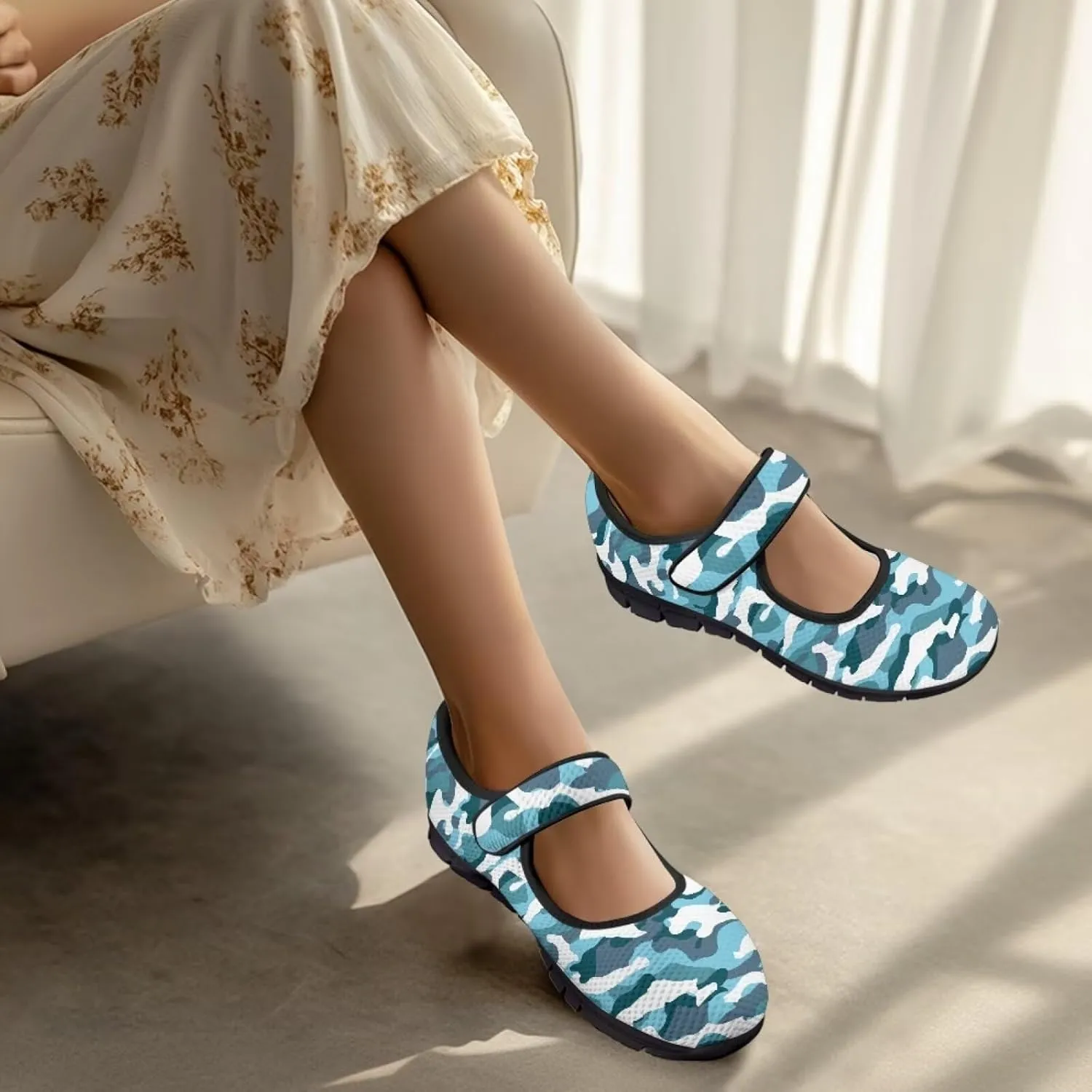 Howilath Camouflage Women's Ballet Flats Round Toe Mary Jane Shoes Single Buckle Flats Shoes Casual Flats Shoes