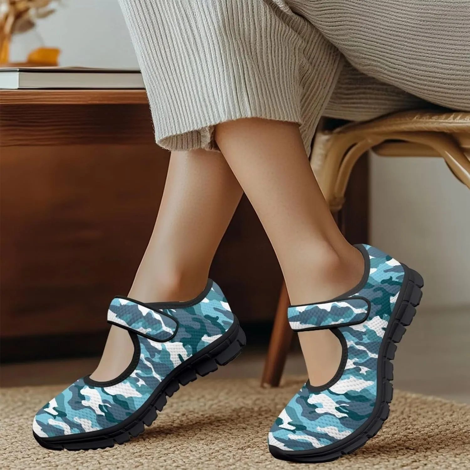Howilath Camouflage Women's Ballet Flats Round Toe Mary Jane Shoes Single Buckle Flats Shoes Casual Flats Shoes