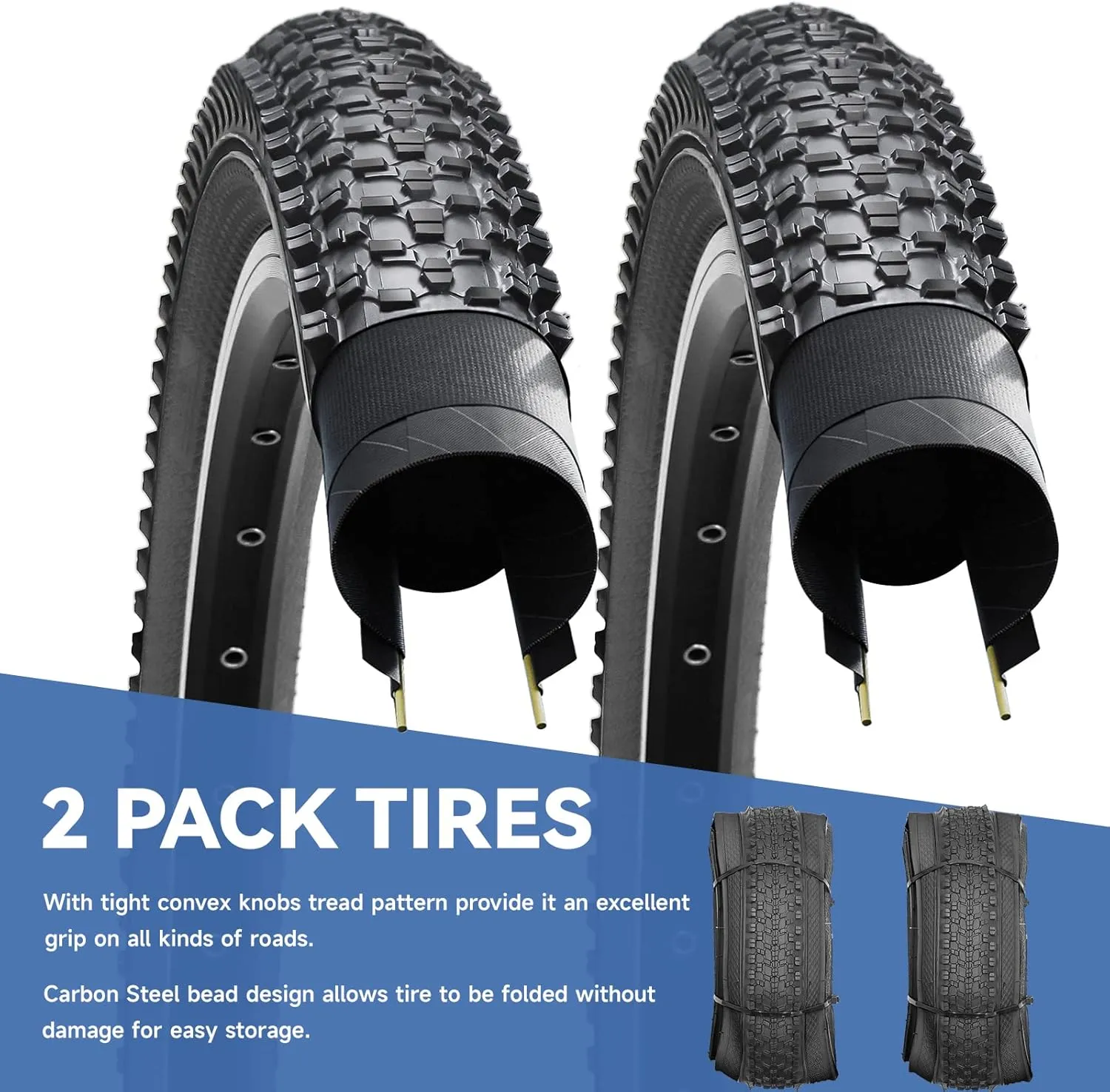Hycline 2-Pack Mountain Bike Tires: 20/24/26/27.5-inch Folding Replacement Puncture-Resistant Butyl Rubber High-Density Bicycle Tires with Tire Levers for MTB Street Trail Adventures