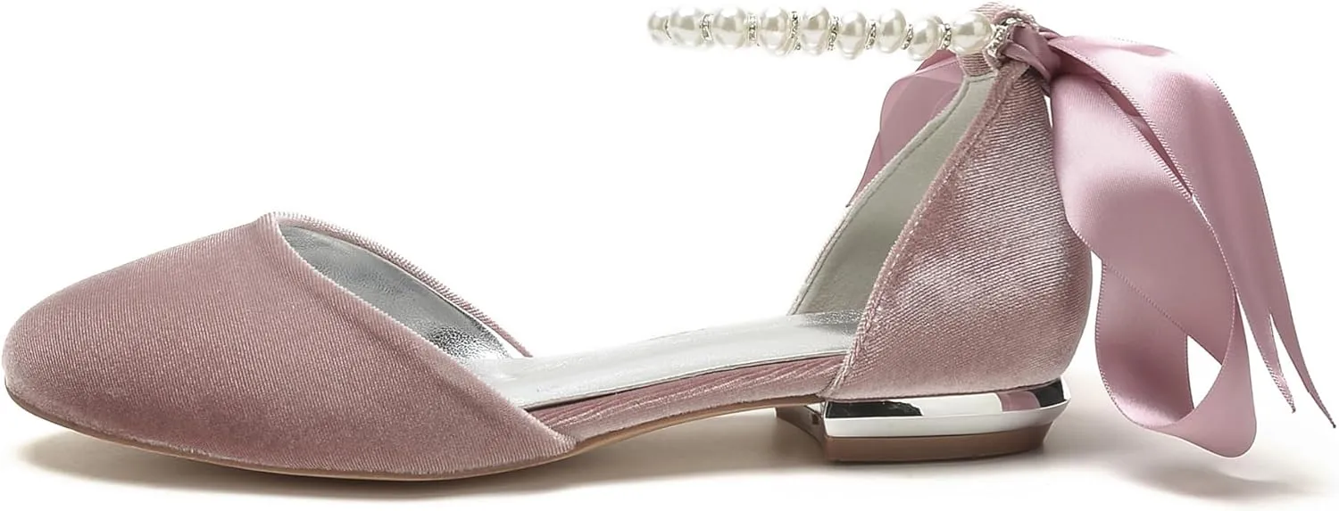 Hyinlays Women's Velvet Pumps Ankle Strap Closed Toe Flats with Pearls Wedding Comfort Low Heel Evening Dress Work Shoes