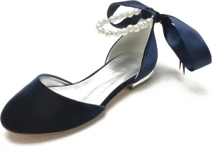 Hyinlays Women's Velvet Pumps Ankle Strap Closed Toe Flats with Pearls Wedding Comfort Low Heel Evening Dress Work Shoes