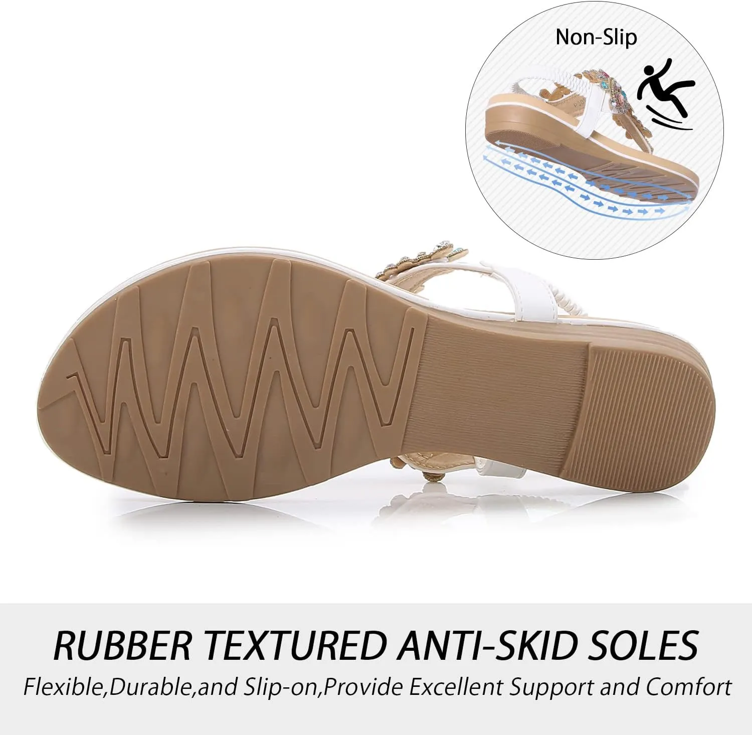 iCKER Women Rhinestone Sandals T-Strap Buckle Bohemian Pearl Crystal Flat Sandals