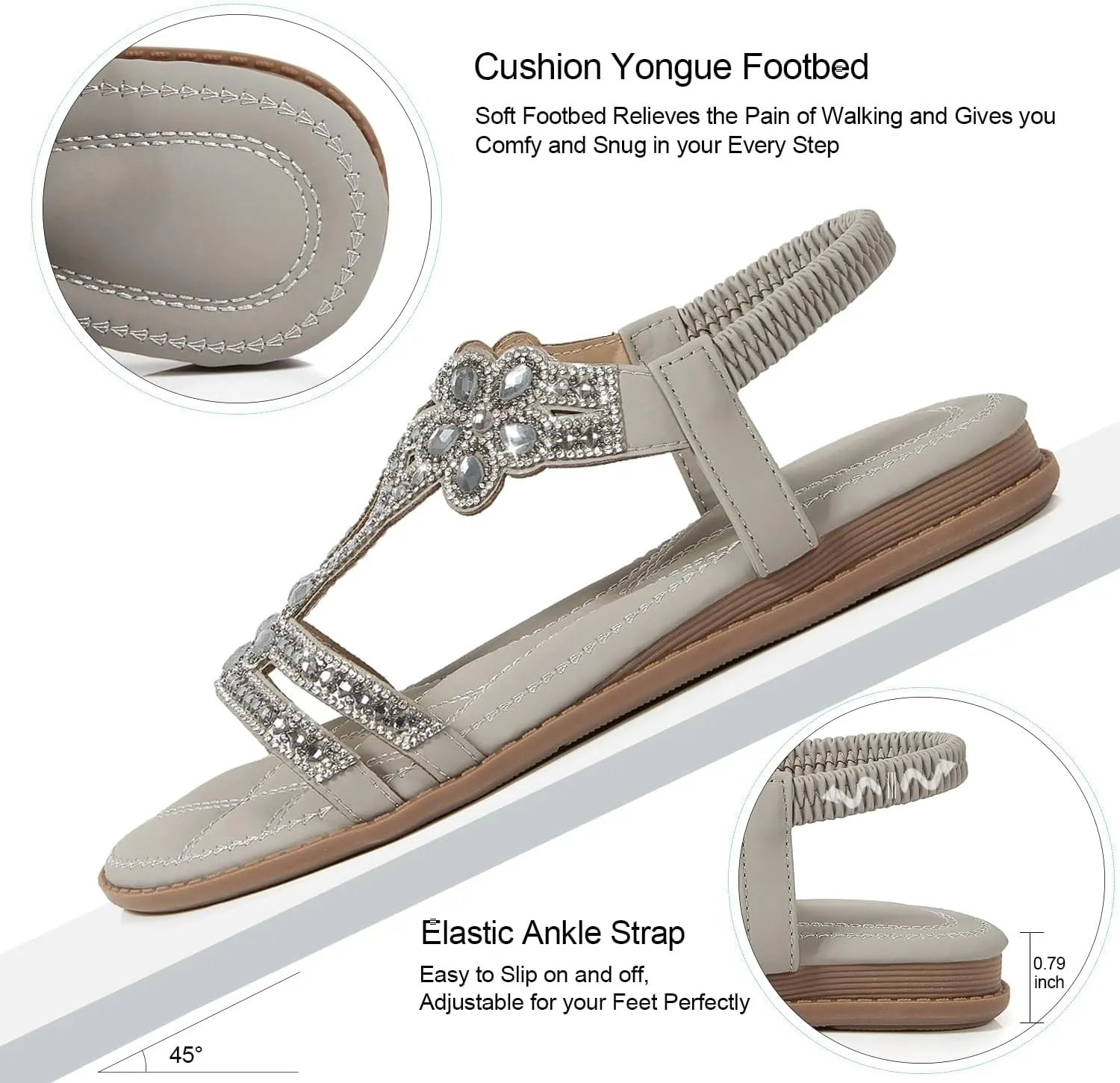 iCKER Women Rhinestone Sandals T-Strap Buckle Bohemian Pearl Crystal Flat Sandals