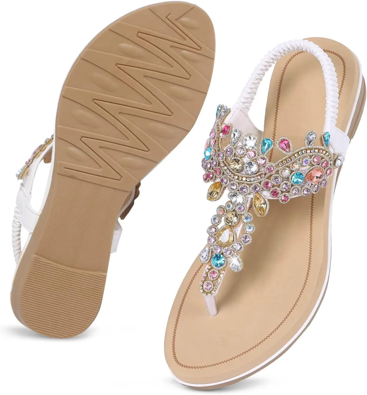 iCKER Women Rhinestone Sandals T-Strap Buckle Bohemian Pearl Crystal Flat Sandals