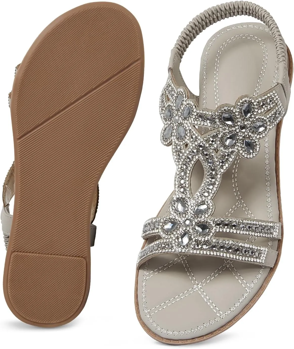 iCKER Women Rhinestone Sandals T-Strap Buckle Bohemian Pearl Crystal Flat Sandals