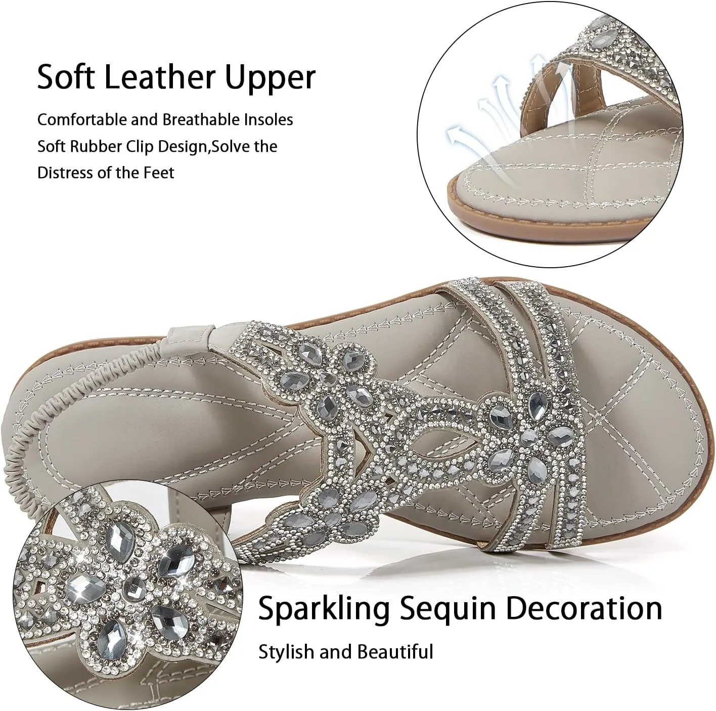 iCKER Women Rhinestone Sandals T-Strap Buckle Bohemian Pearl Crystal Flat Sandals