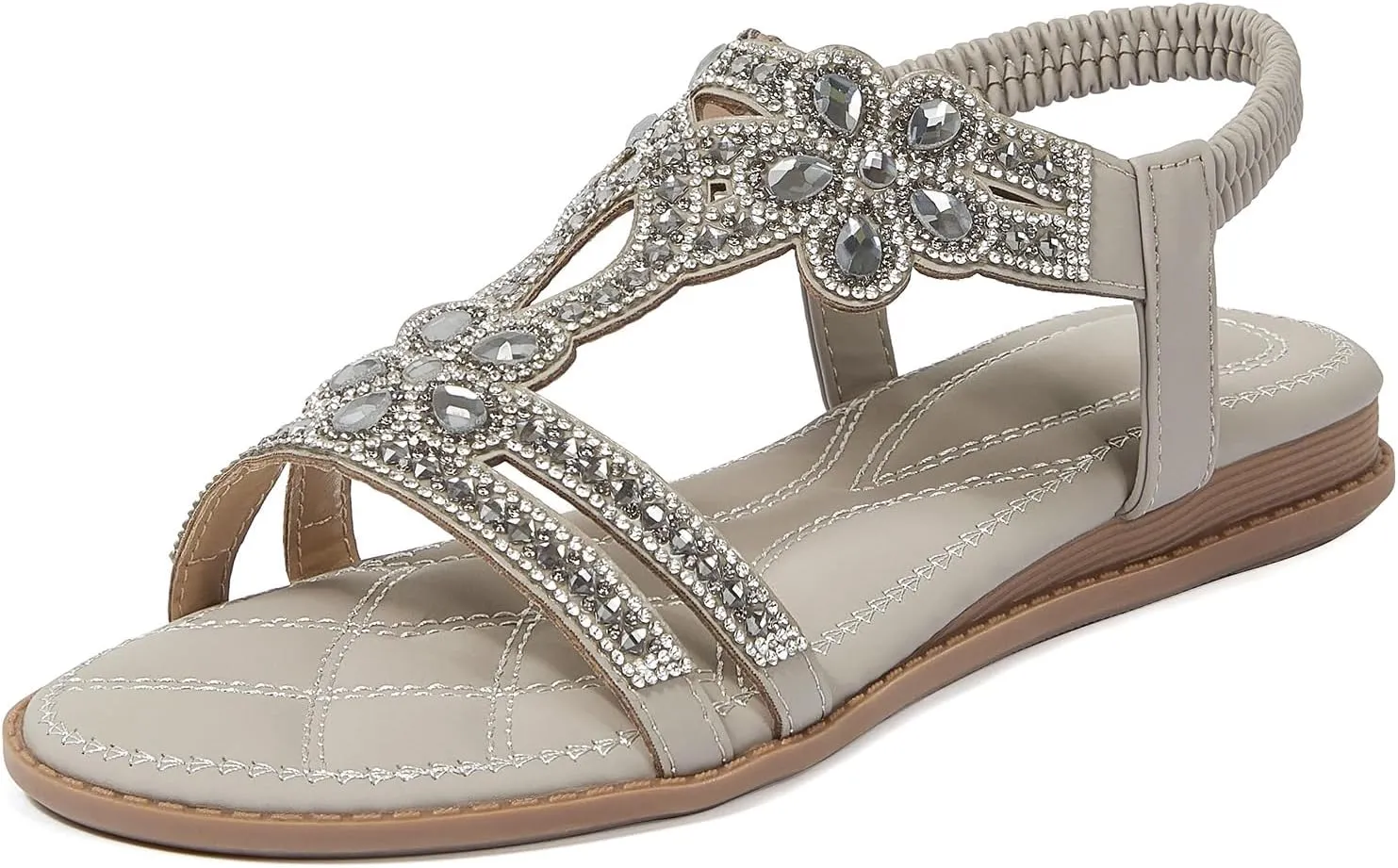iCKER Women Rhinestone Sandals T-Strap Buckle Bohemian Pearl Crystal Flat Sandals