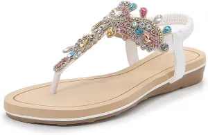 iCKER Women Rhinestone Sandals T-Strap Buckle Bohemian Pearl Crystal Flat Sandals