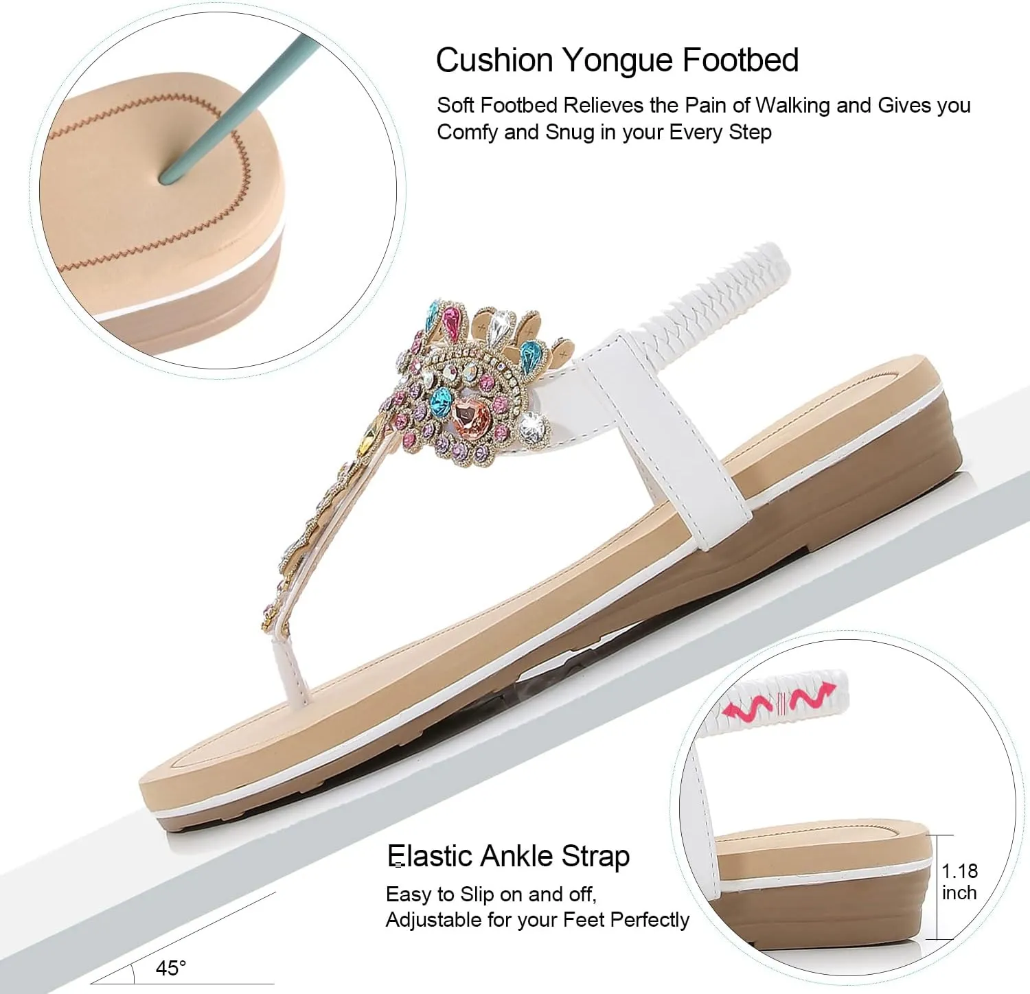 iCKER Women Rhinestone Sandals T-Strap Buckle Bohemian Pearl Crystal Flat Sandals