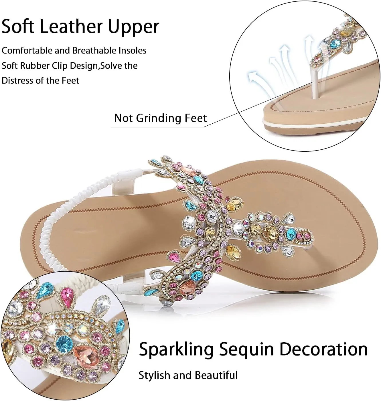 iCKER Women Rhinestone Sandals T-Strap Buckle Bohemian Pearl Crystal Flat Sandals