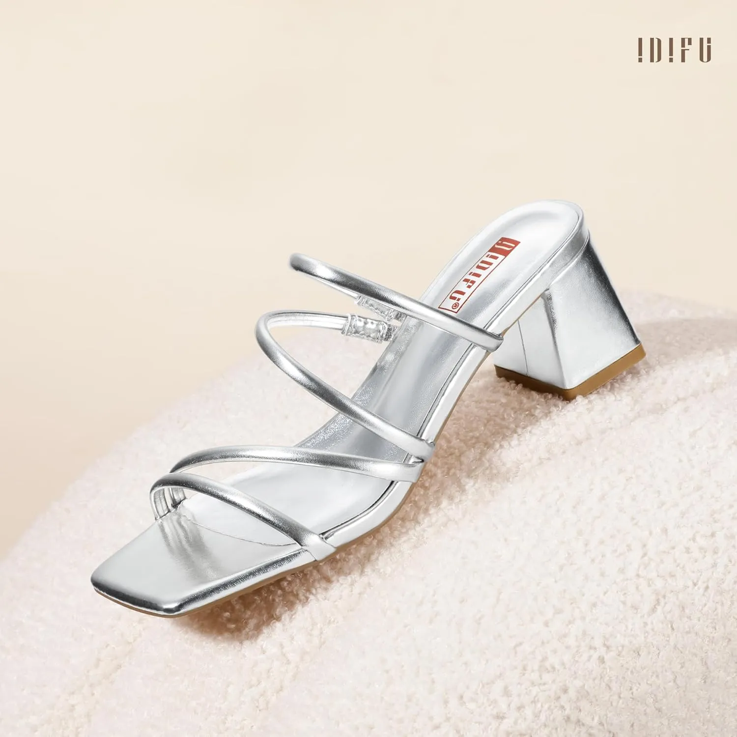 IDIFU IN2 Strappy Heels for Women Square Toe Low Chunky Block Heels Wedding Prom Slip On Dress Shoes for Bride Bridesmaid Comfortable Heeled Slide Sandals Slingback Short Mule Heels