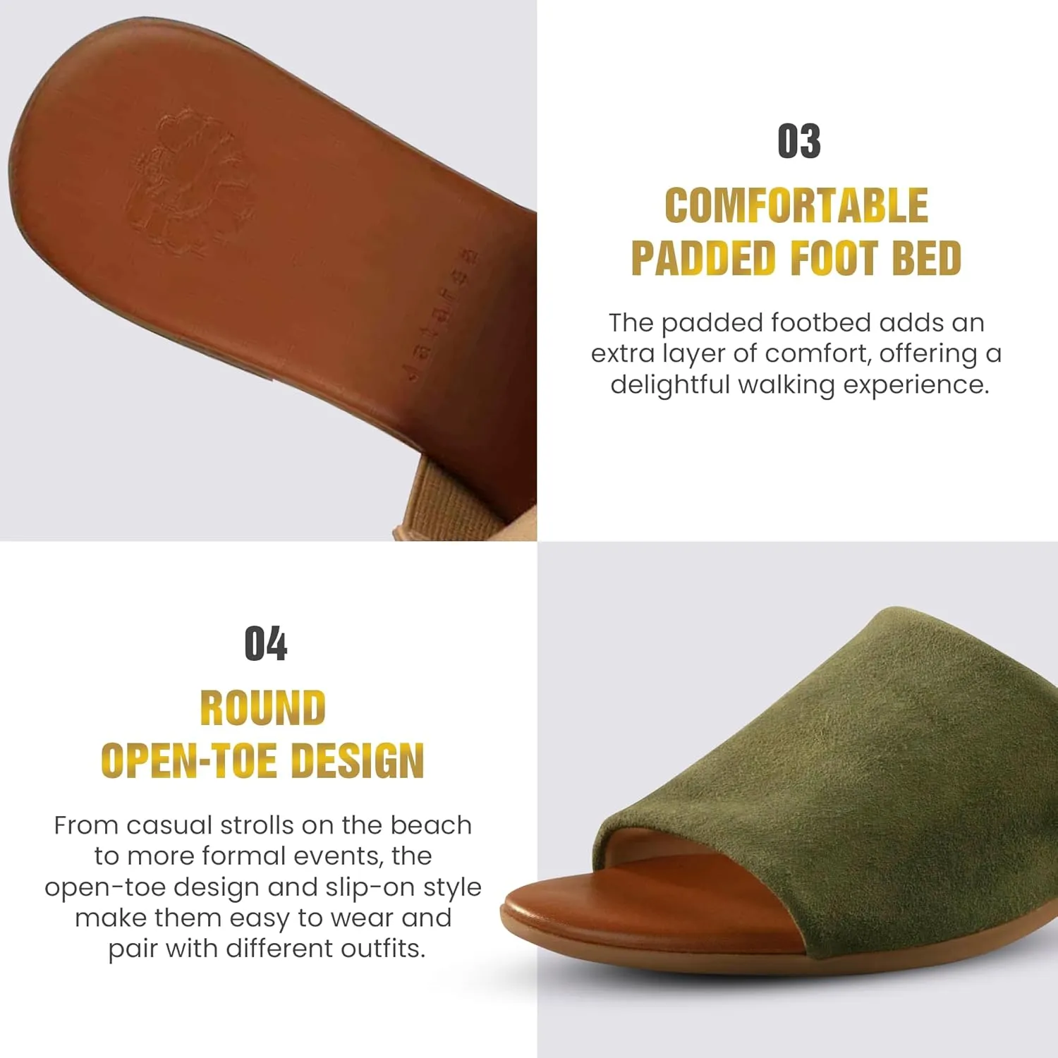 JATAREA Women’s Slip-On Leather Flat Sandals with Round Open Toe | Classic and Trendy Slippers - CAVERY