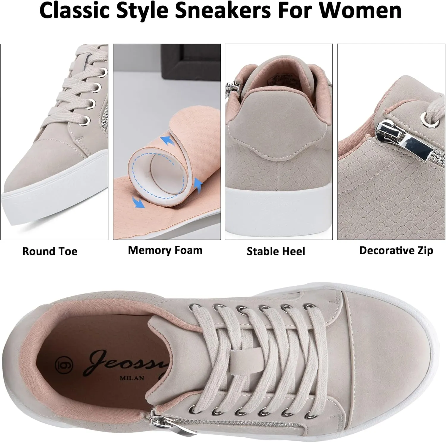 Jeossy Women's Flat Low Top Casual Fashion Sneakers Round Toe Shoes with Zipper