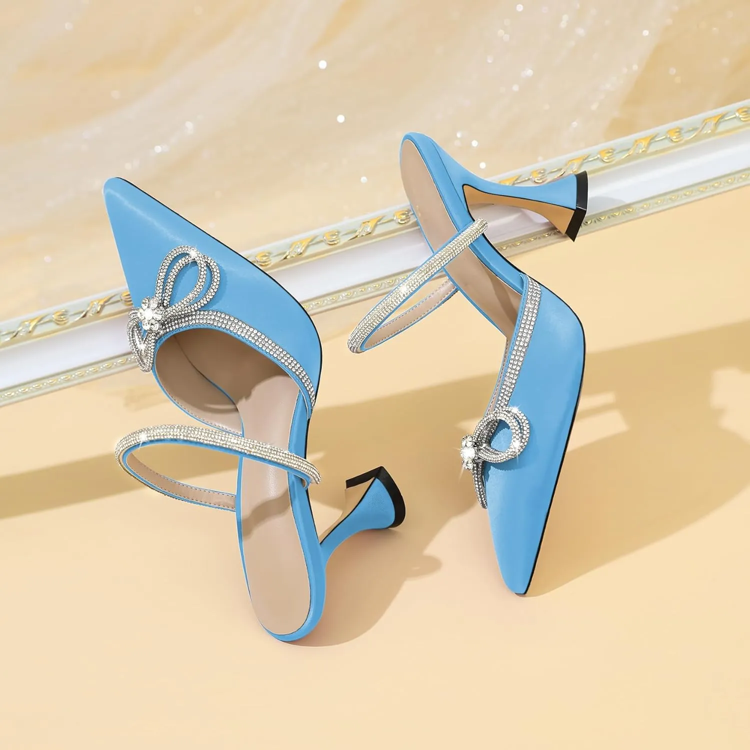 Joseywade Rhinstone Bow Mule Heels High Heels Closed Pointed Toe Spool Heel Slip-on Sandals 3.5" Wedding Crystal Ankle Strap Backless Shoes For Bridal Bridesmaid Engagement
