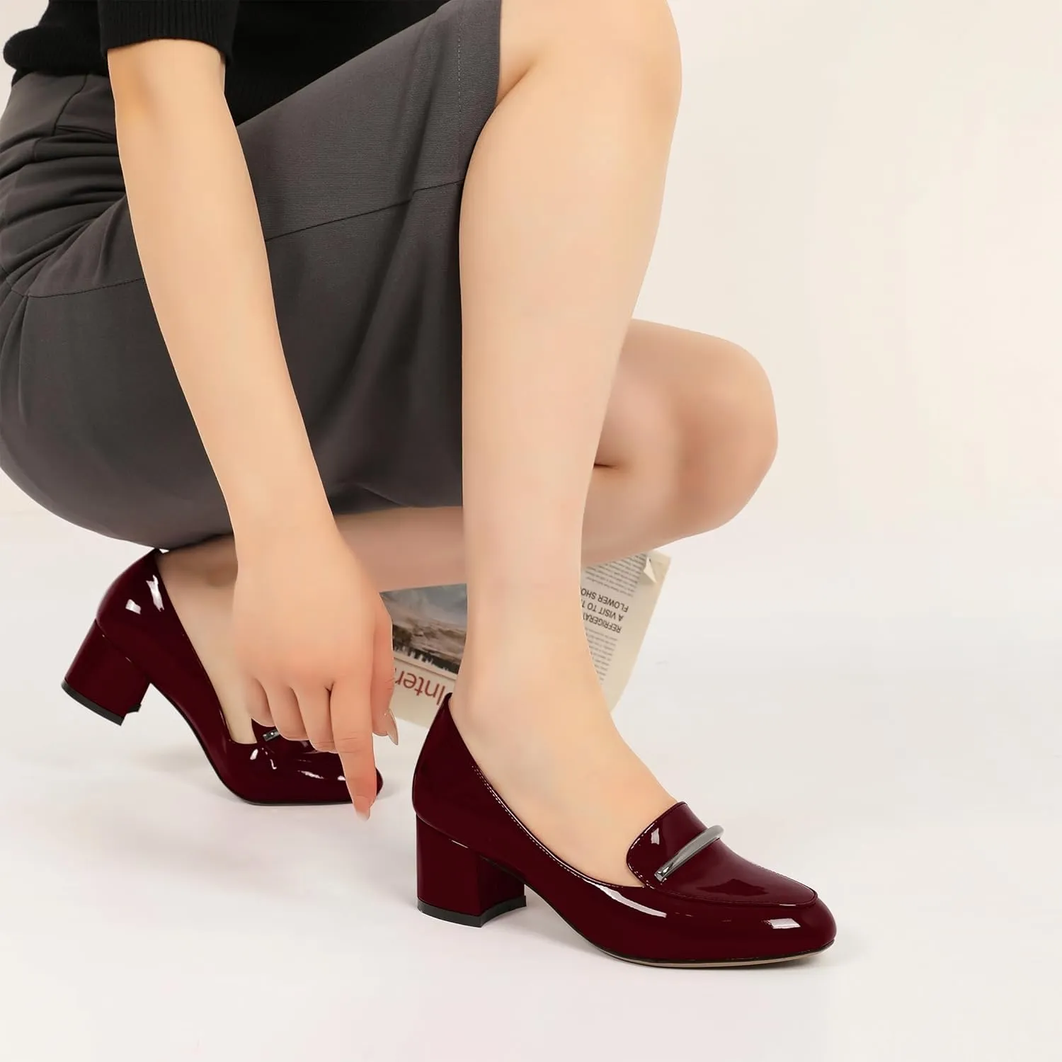 Joseywade Women's Block Heels Low Heel Loafer Pumps Round Toe Chunky Heel Slip On 2 Inch Closed Toe Comfort Shoes