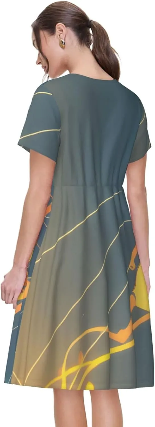Jumping Musical Notes Women's Summer Short Sleeve Dresses Casual Dresses Flowy Beach Sundress with Pockets