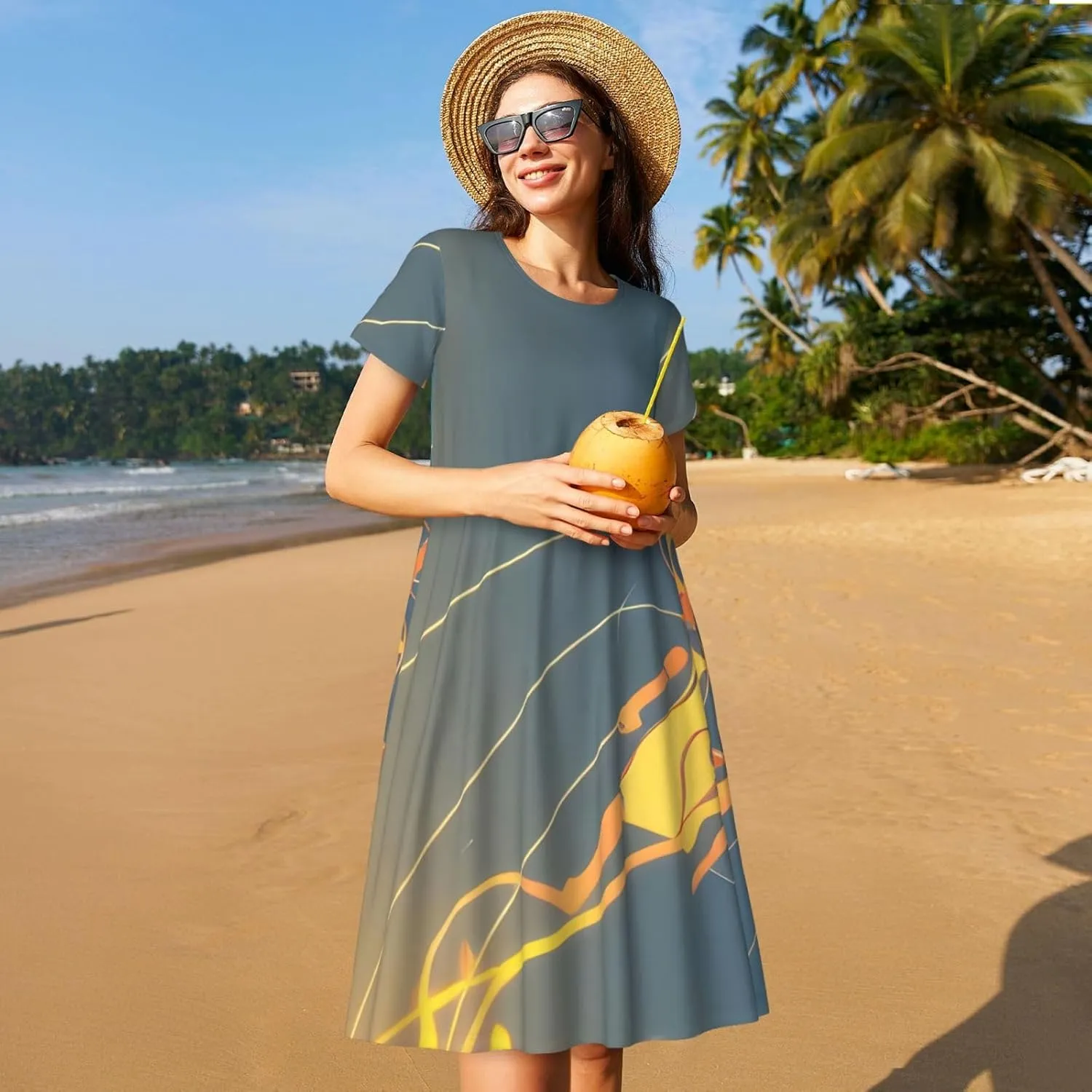 Jumping Musical Notes Women's Summer Short Sleeve Dresses Casual Dresses Flowy Beach Sundress with Pockets
