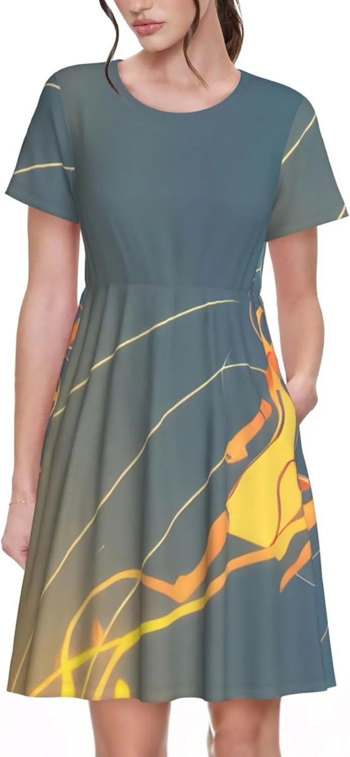 Jumping Musical Notes Women's Summer Short Sleeve Dresses Casual Dresses Flowy Beach Sundress with Pockets