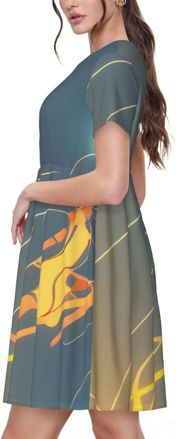 Jumping Musical Notes Women's Summer Short Sleeve Dresses Casual Dresses Flowy Beach Sundress with Pockets