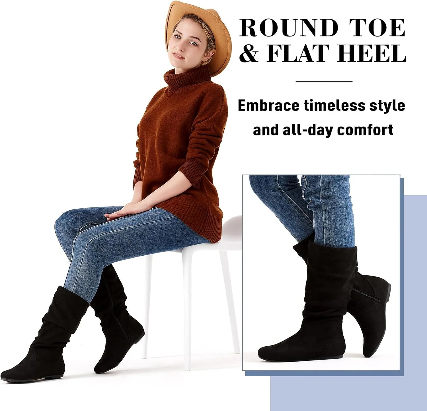 katliu Women's Slouchy Mid Calf Boots Zip up Flat Boots