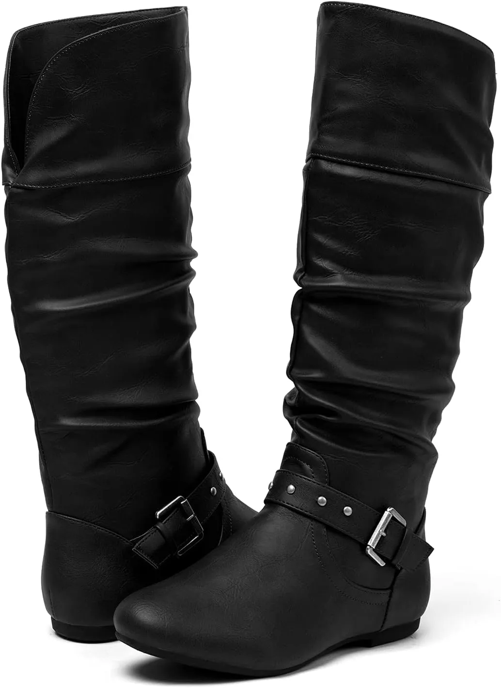 katliu Women's Slouchy Mid Calf Boots Zip up Flat Boots