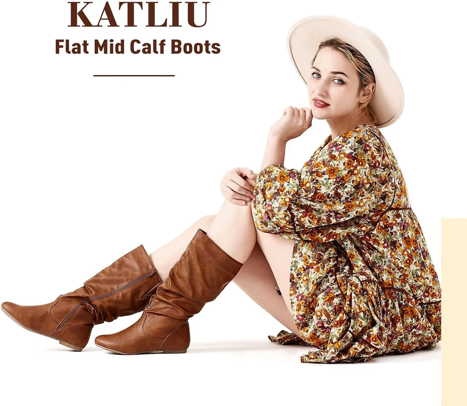 katliu Women's Slouchy Mid Calf Boots Zip up Flat Boots