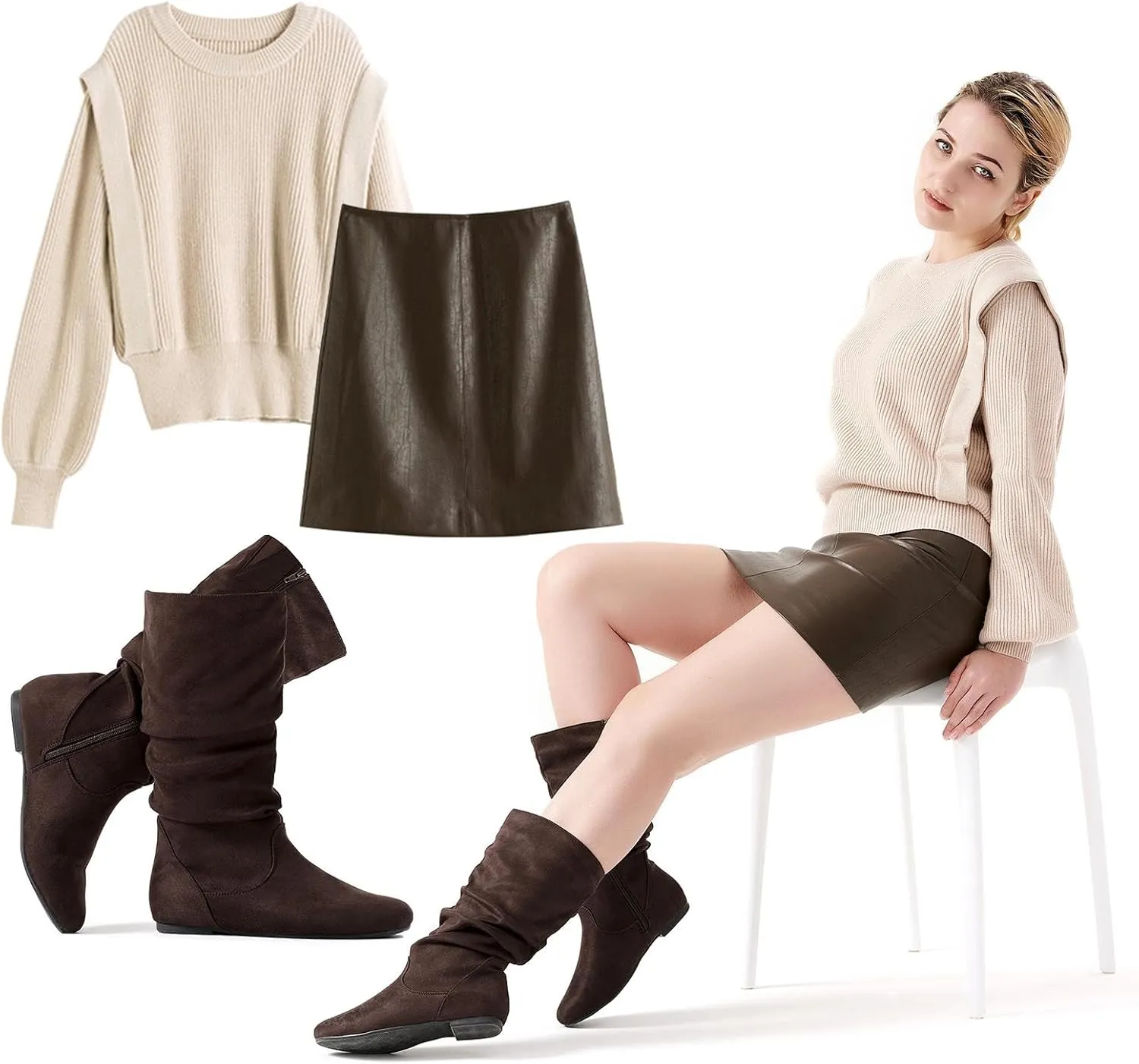 katliu Women's Slouchy Mid Calf Boots Zip up Flat Boots