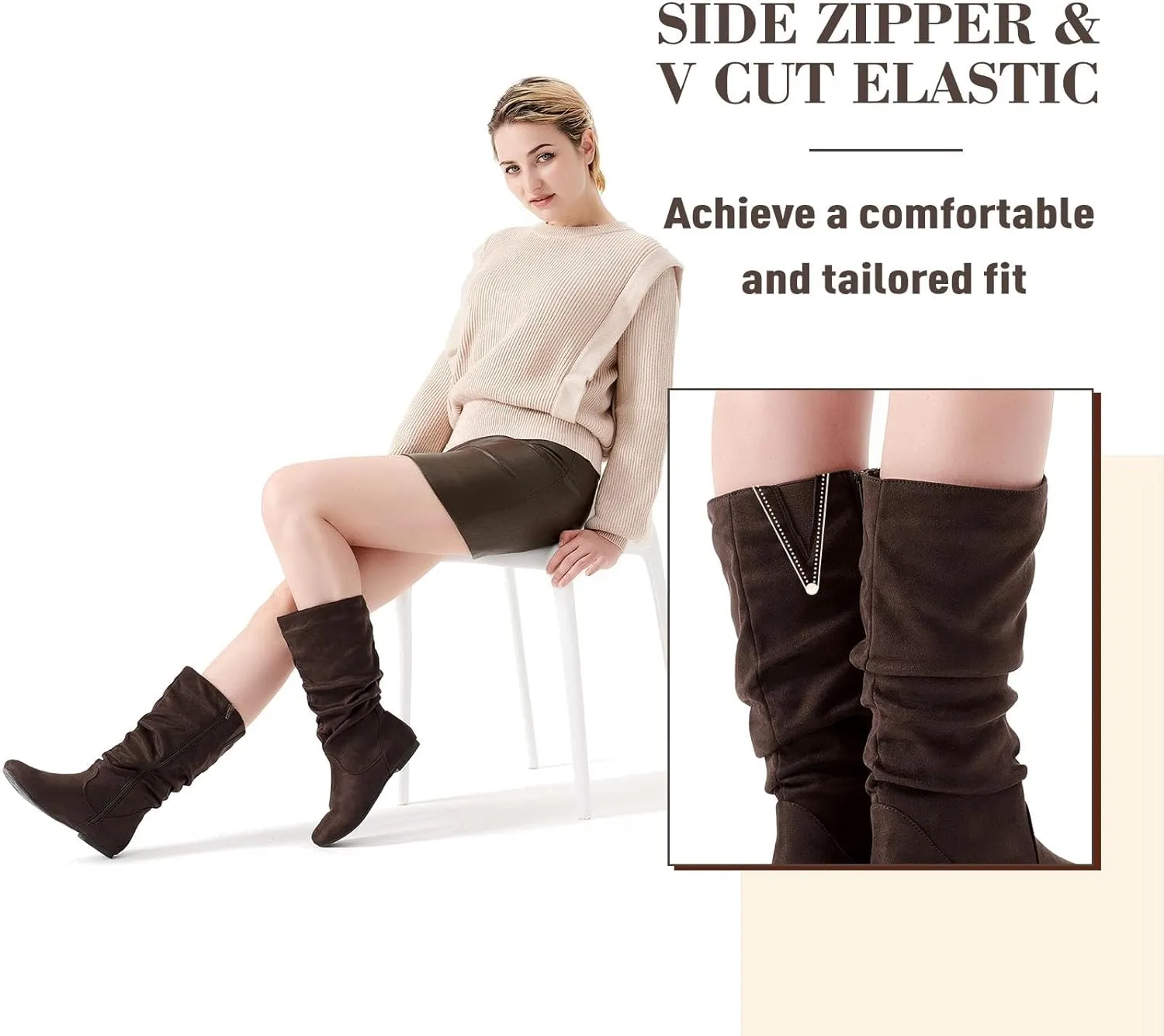 katliu Women's Slouchy Mid Calf Boots Zip up Flat Boots