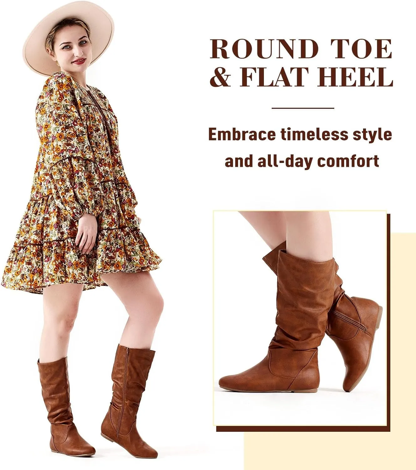 katliu Women's Slouchy Mid Calf Boots Zip up Flat Boots
