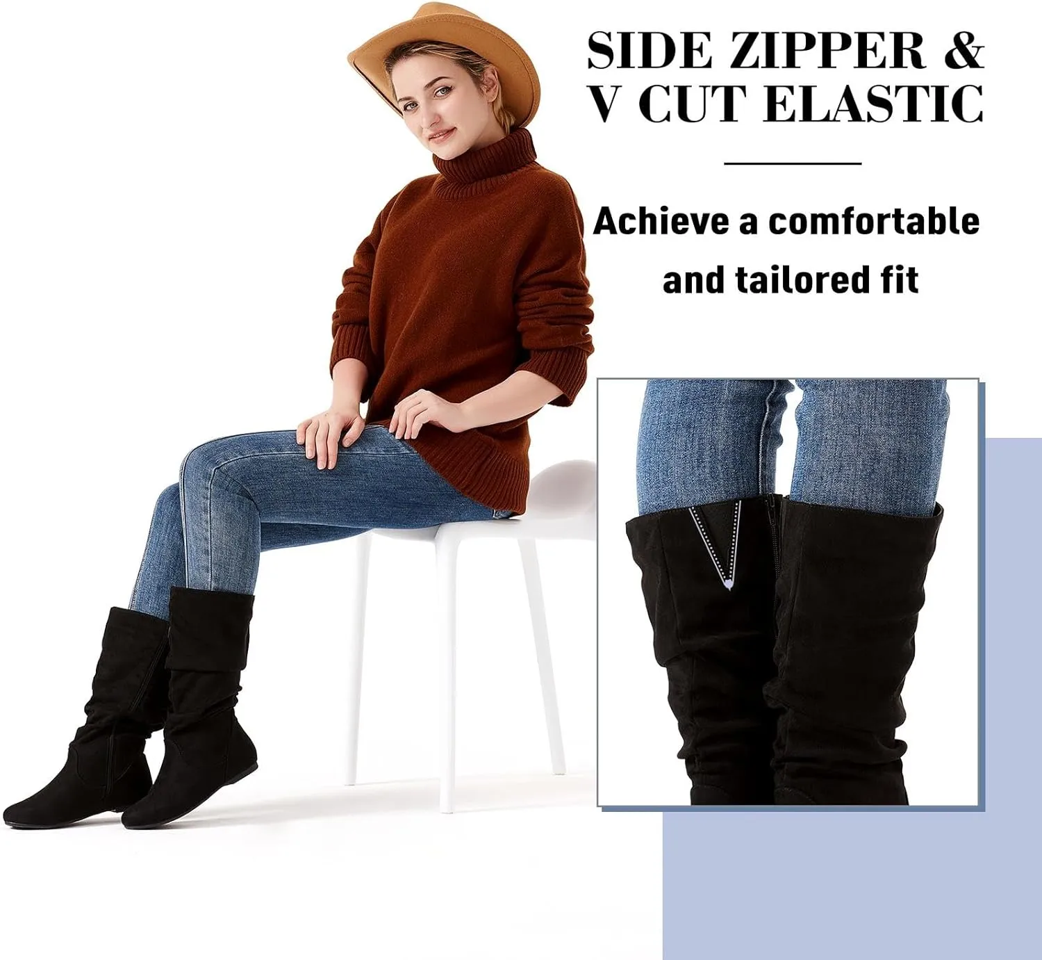 katliu Women's Slouchy Mid Calf Boots Zip up Flat Boots