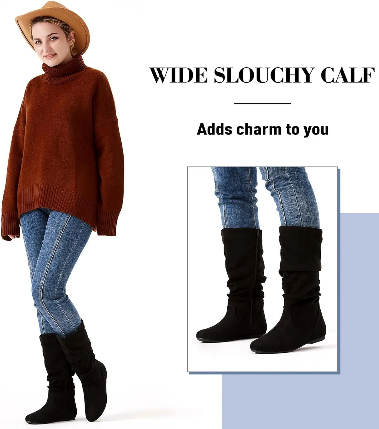 katliu Women's Slouchy Mid Calf Boots Zip up Flat Boots