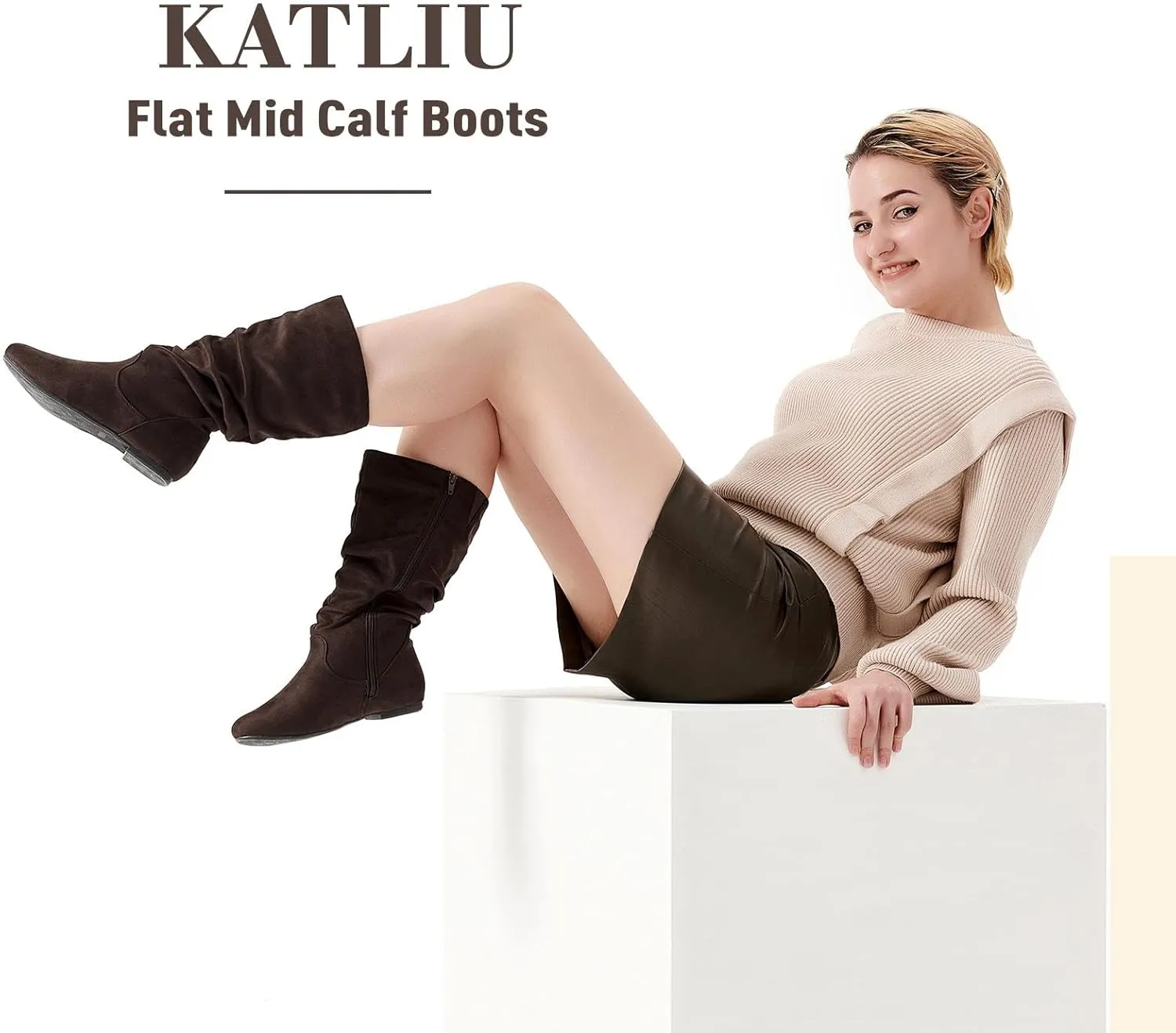 katliu Women's Slouchy Mid Calf Boots Zip up Flat Boots