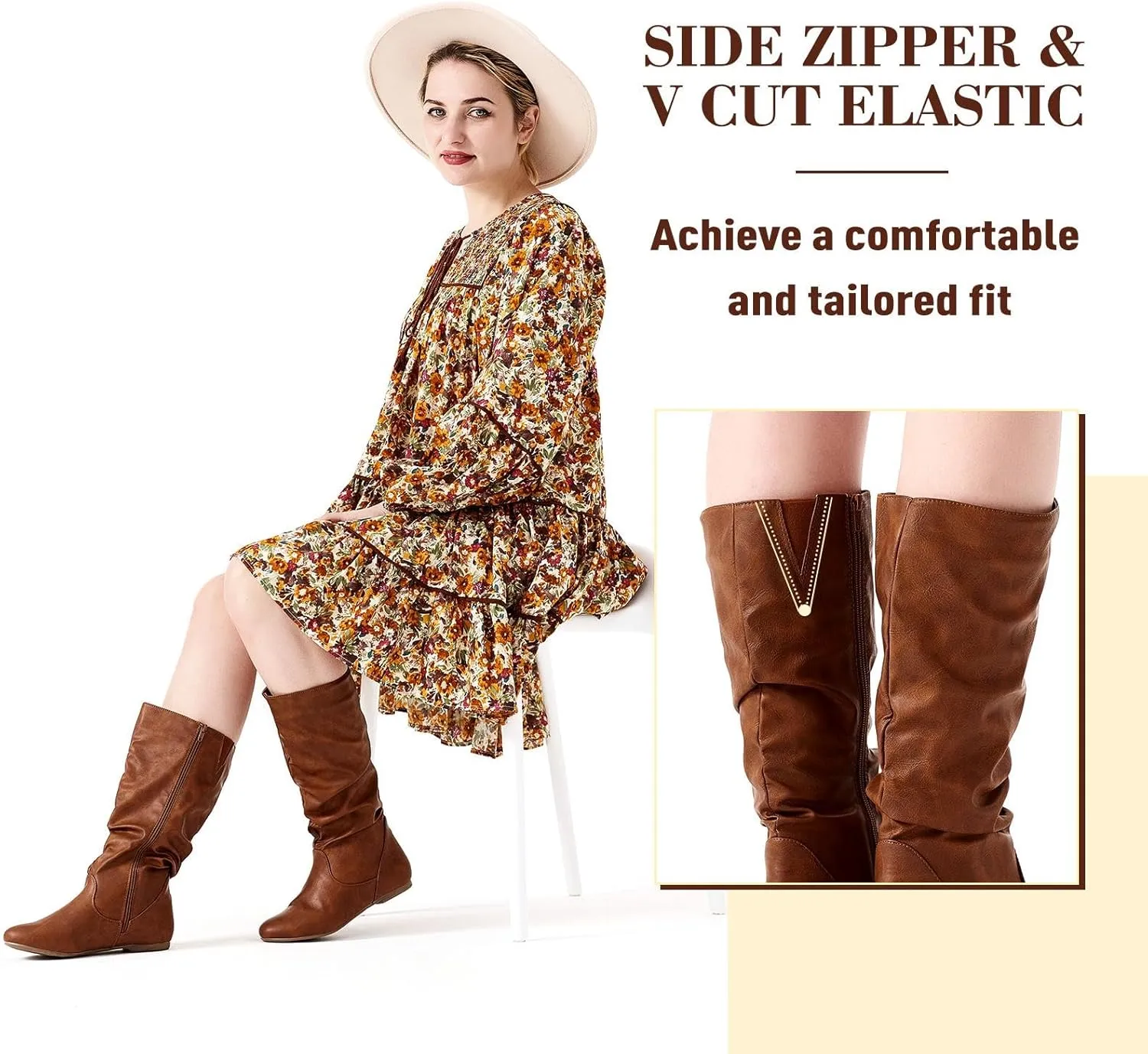 katliu Women's Slouchy Mid Calf Boots Zip up Flat Boots