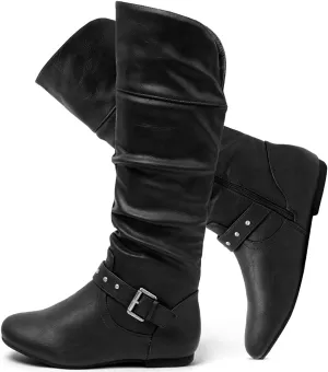 katliu Women's Slouchy Mid Calf Boots Zip up Flat Boots