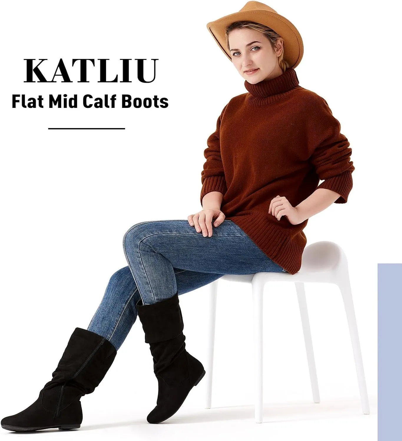 katliu Women's Slouchy Mid Calf Boots Zip up Flat Boots
