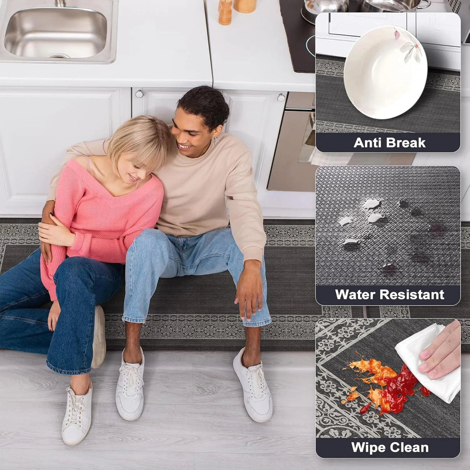 Kitchen Mats Cushioned Anti Fatigue Mats for Kitchen Floor, Non-Skid Waterproof Kitchen Rugs Padded Comfort Standing Desk Mat for Home Office Laundry Sink(Dark Grey)