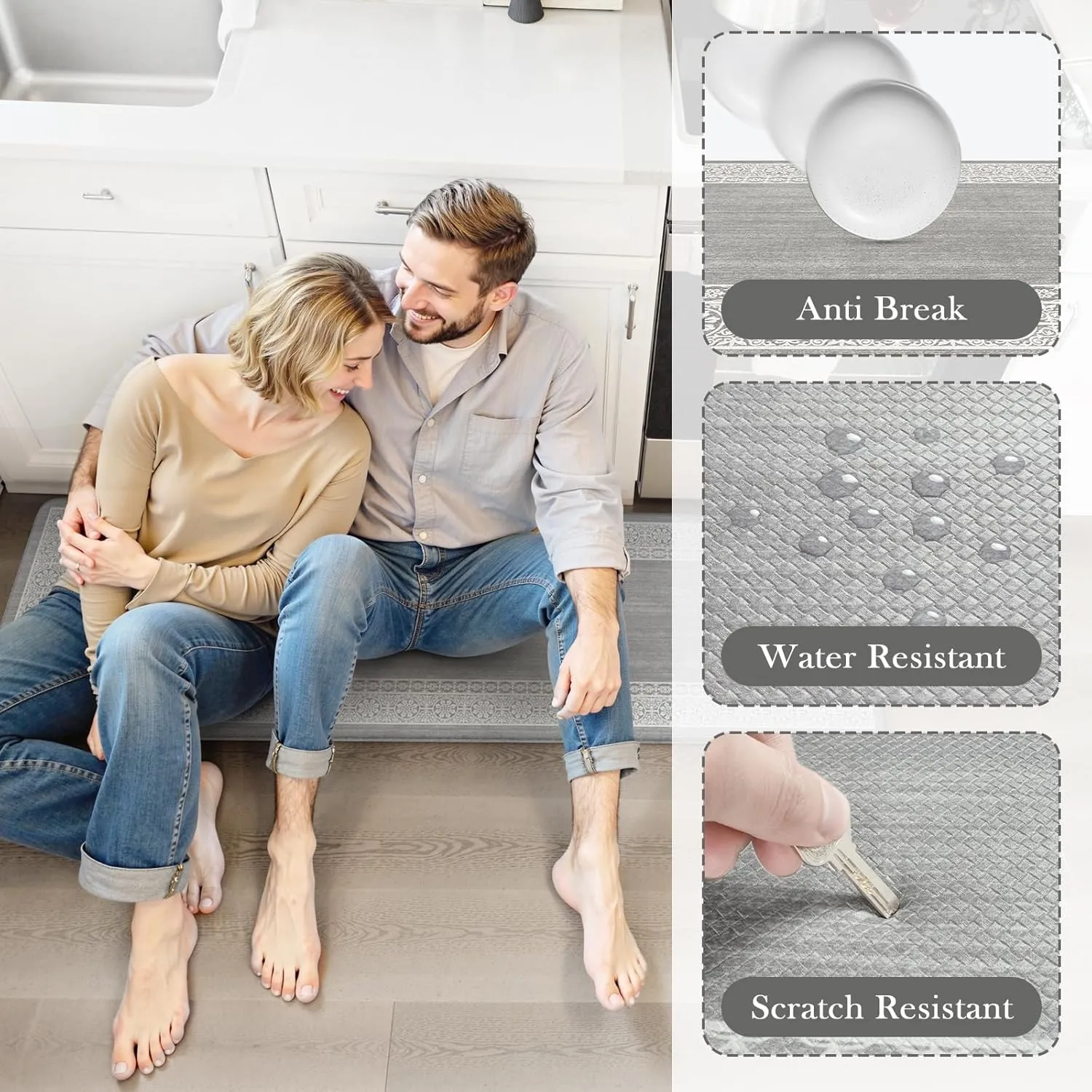 Kitchen Mats for Floor 2 Piece, Kitchen Anti Fatigue Mat Non Slip Cushioned Kitchen Floor Mats, Comfort Light Grey Kitchen Rugs Runner Padded Standing Desk Mat for Sink Laundry