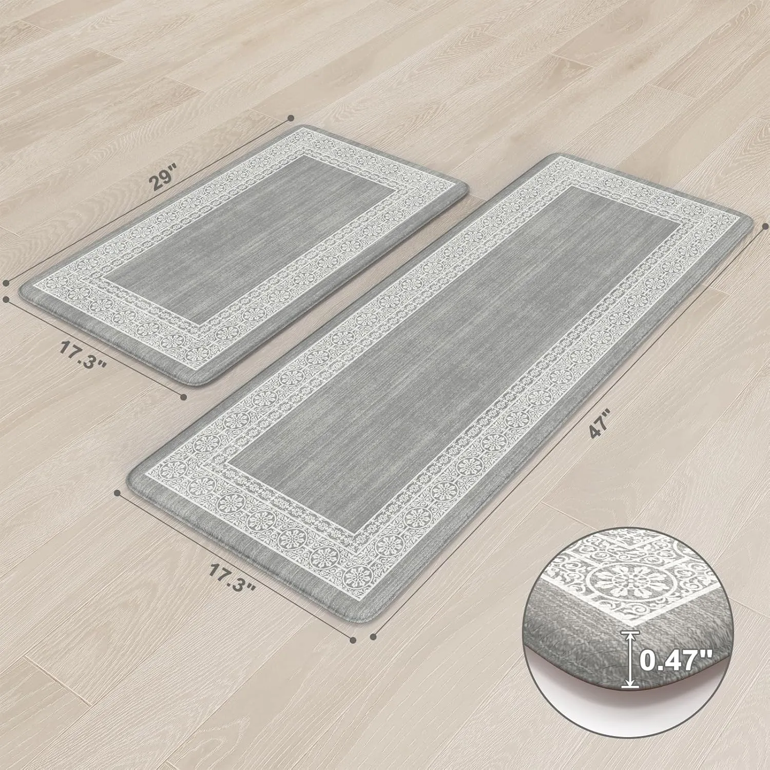 Kitchen Mats for Floor 2 Piece, Kitchen Anti Fatigue Mat Non Slip Cushioned Kitchen Floor Mats, Comfort Light Grey Kitchen Rugs Runner Padded Standing Desk Mat for Sink Laundry