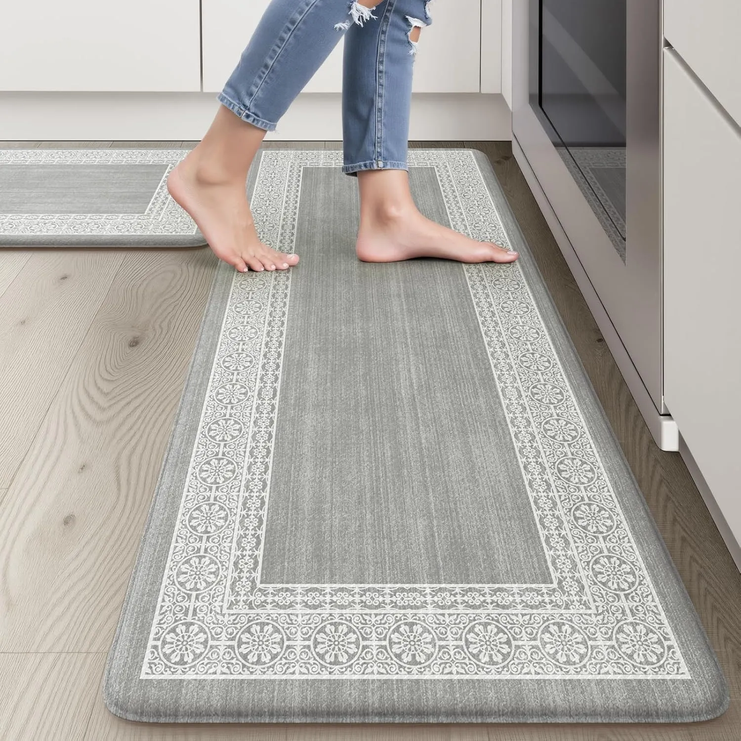 Kitchen Mats for Floor 2 Piece, Kitchen Anti Fatigue Mat Non Slip Cushioned Kitchen Floor Mats, Comfort Light Grey Kitchen Rugs Runner Padded Standing Desk Mat for Sink Laundry